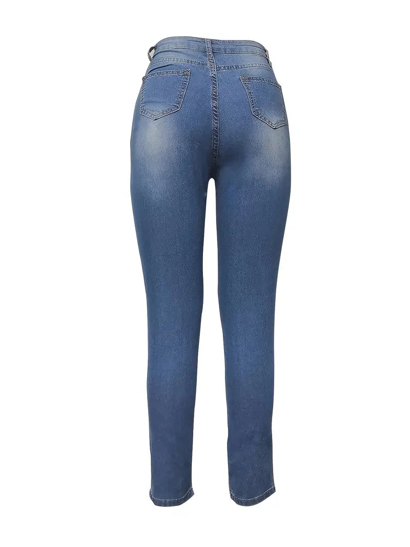 Blue High Waist Skinny Jeans with Casual Slash Pockets