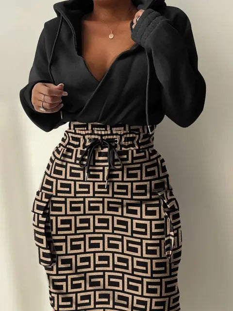 Plus Size Camo Print V Neck Hooded Casual Dress