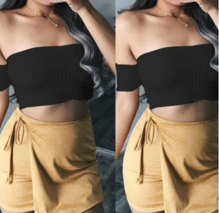 Sexy Solid Color Off-Shoulder Crop Top with Short Sleeves
