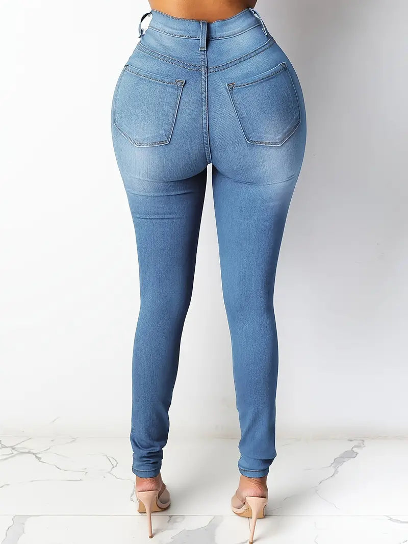 Blue High Waist Skinny Jeans with Casual Slash Pockets