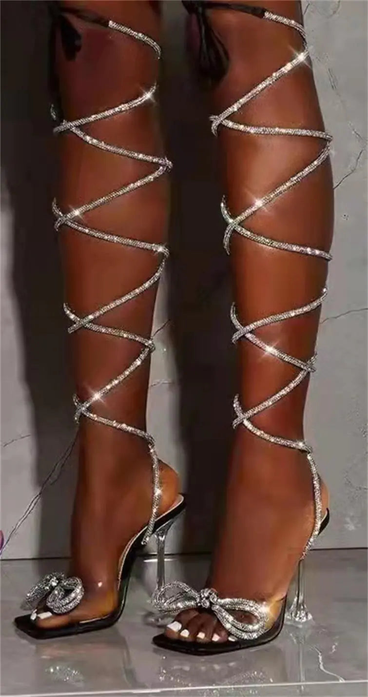 2022 Summer Plus Size Rhinestone Bow High Heels