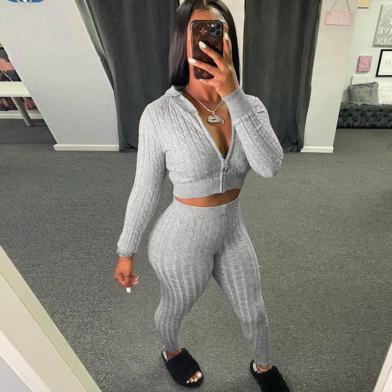 Hooded Long Sleeve Cardigan and Fitted Pants Set