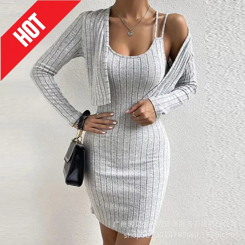 2023 Women's Long Sleeve Cardigan & Bodycon Dress Set