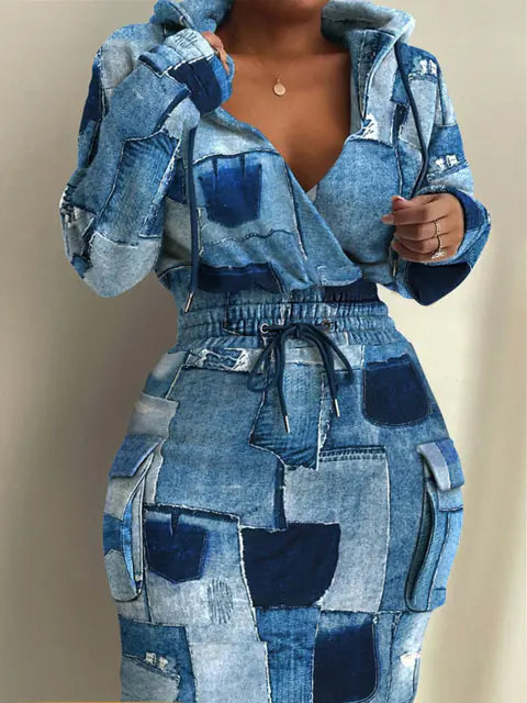 Plus Size Camo Print V Neck Hooded Casual Dress