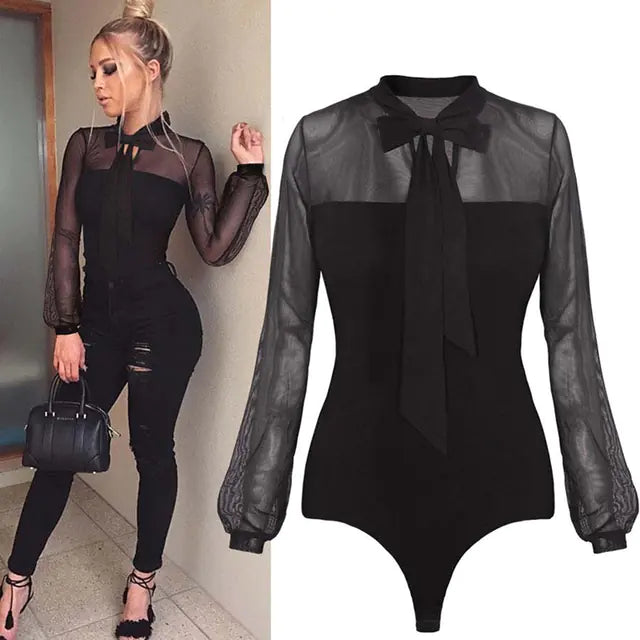 Summer Women's Lace Mesh Bodysuit with Bow Detail