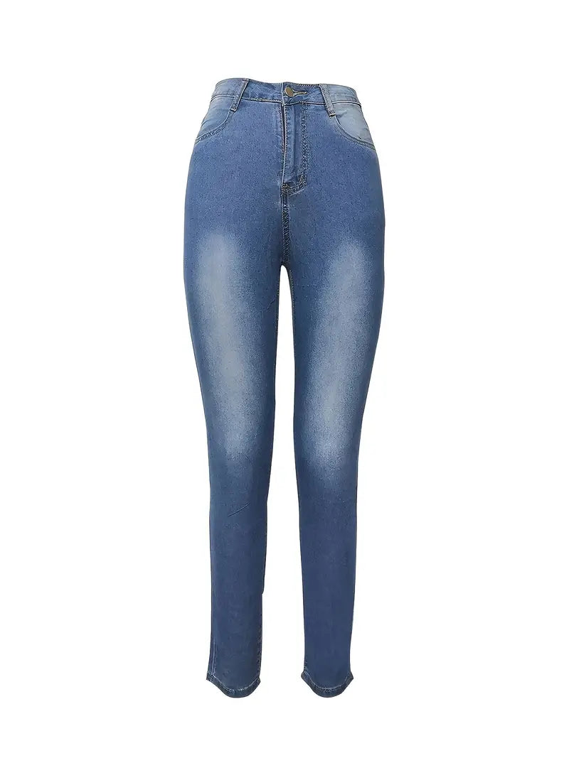 Blue High Waist Skinny Jeans with Casual Slash Pockets