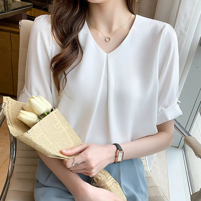 New French Style Women's V-Neck Short Sleeve T-Shirt