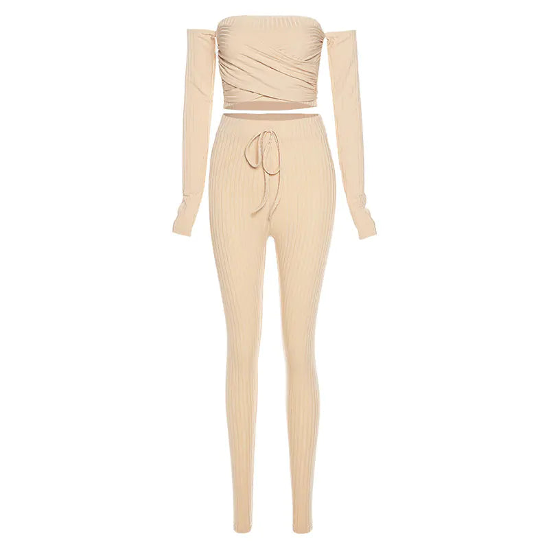2020 Women's Off-Shoulder Crop Top & High-Waist Pants Set