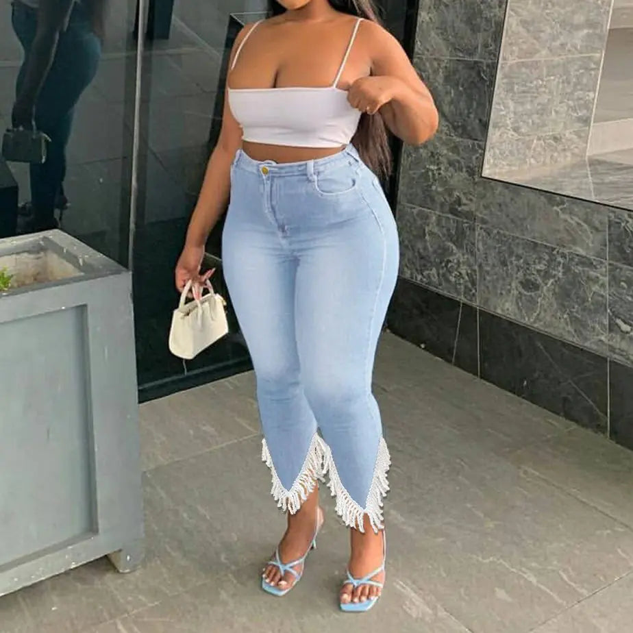 Plus Size High Waist Stretchy Denim Tassel Pants