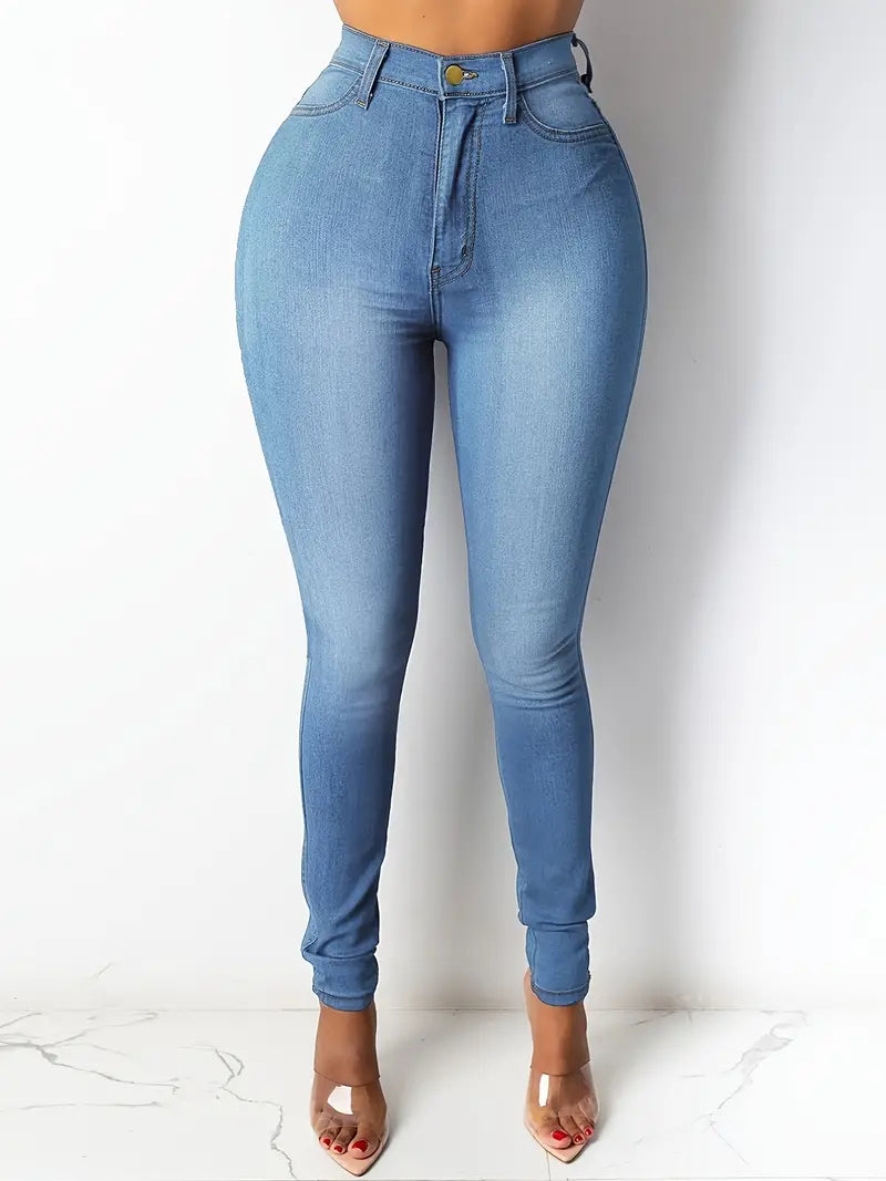 Blue High Waist Skinny Jeans with Casual Slash Pockets