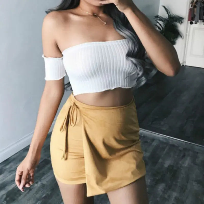 Sexy Solid Color Off-Shoulder Crop Top with Short Sleeves