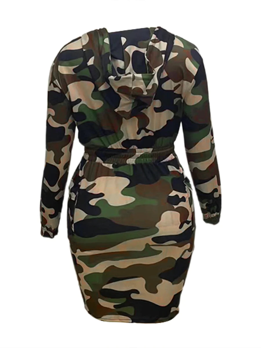 Plus Size Camo Print V Neck Hooded Casual Dress