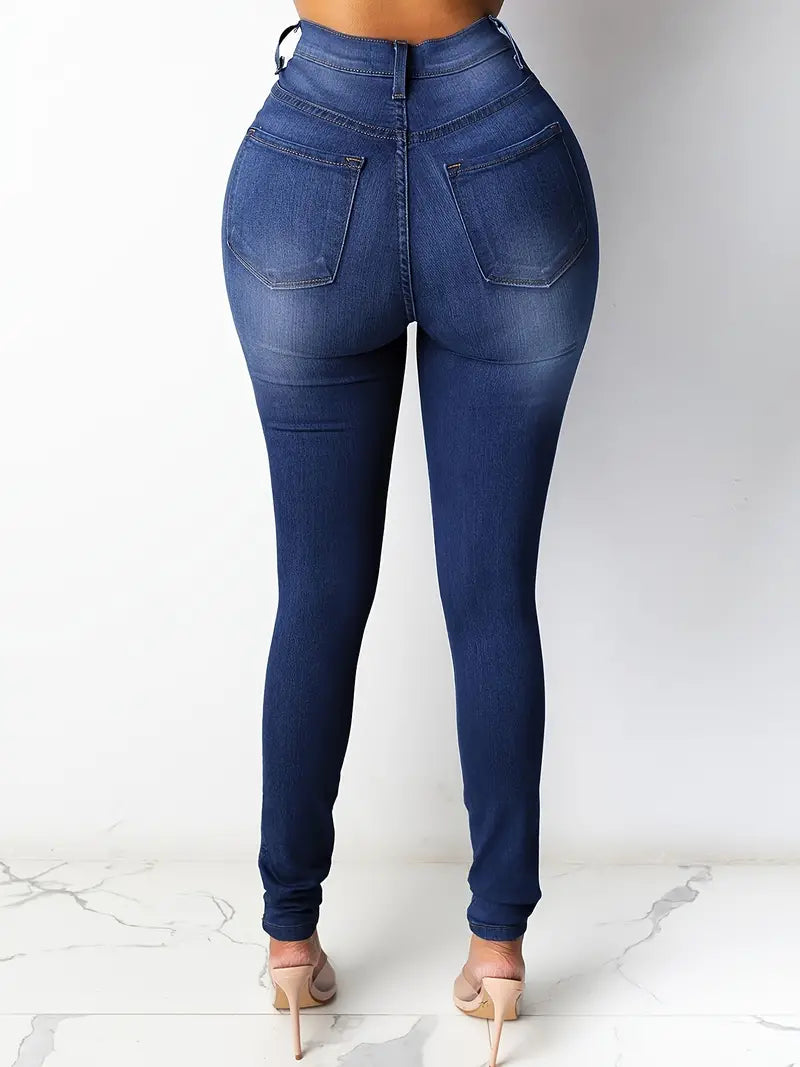 Blue High Waist Skinny Jeans with Casual Slash Pockets