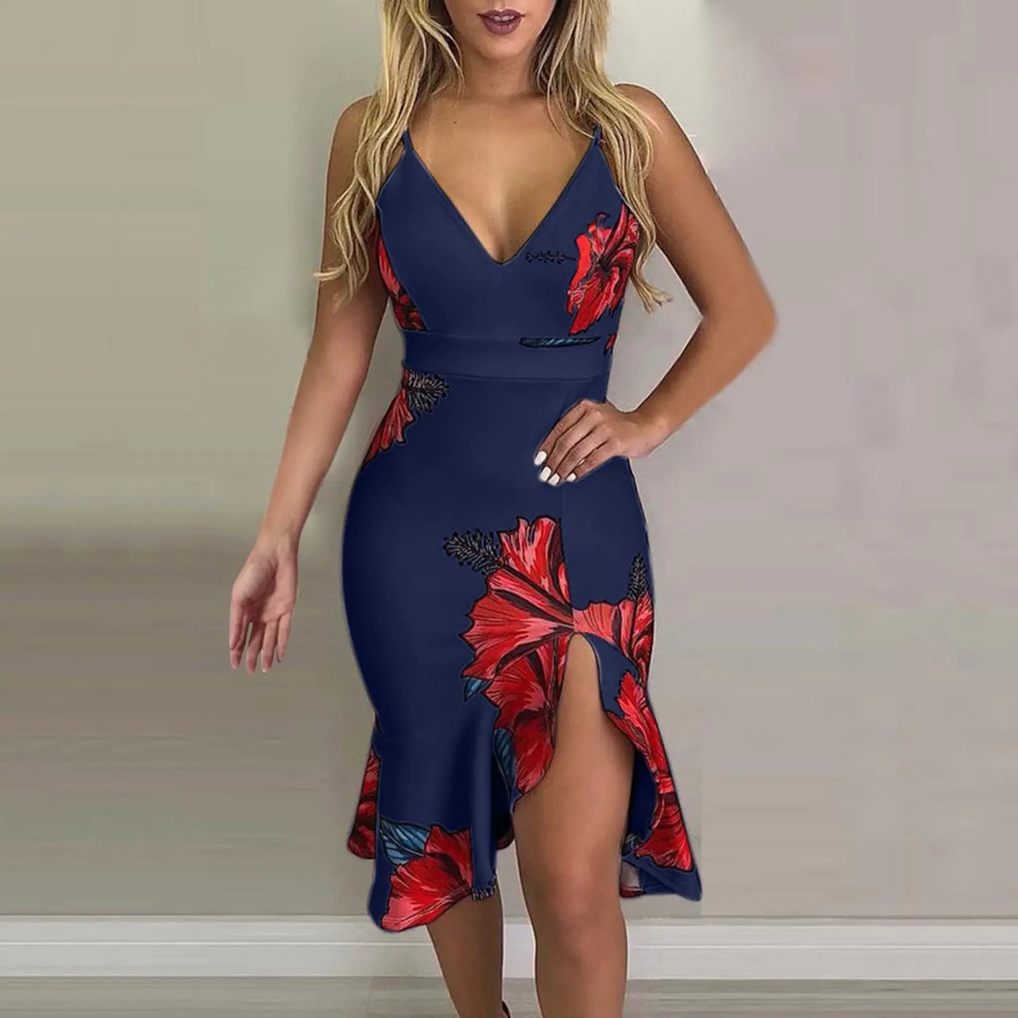 Printed Blue Midi Dress with Slim Fit and Spaghetti Straps