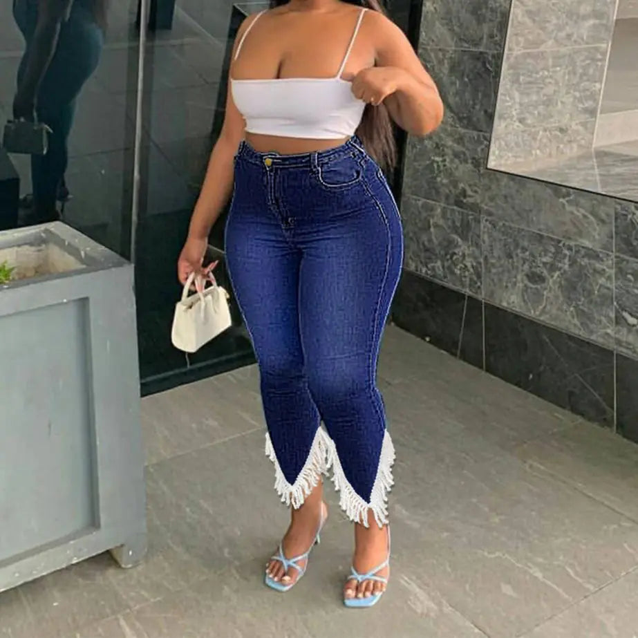 Plus Size High Waist Stretchy Denim Tassel Pants