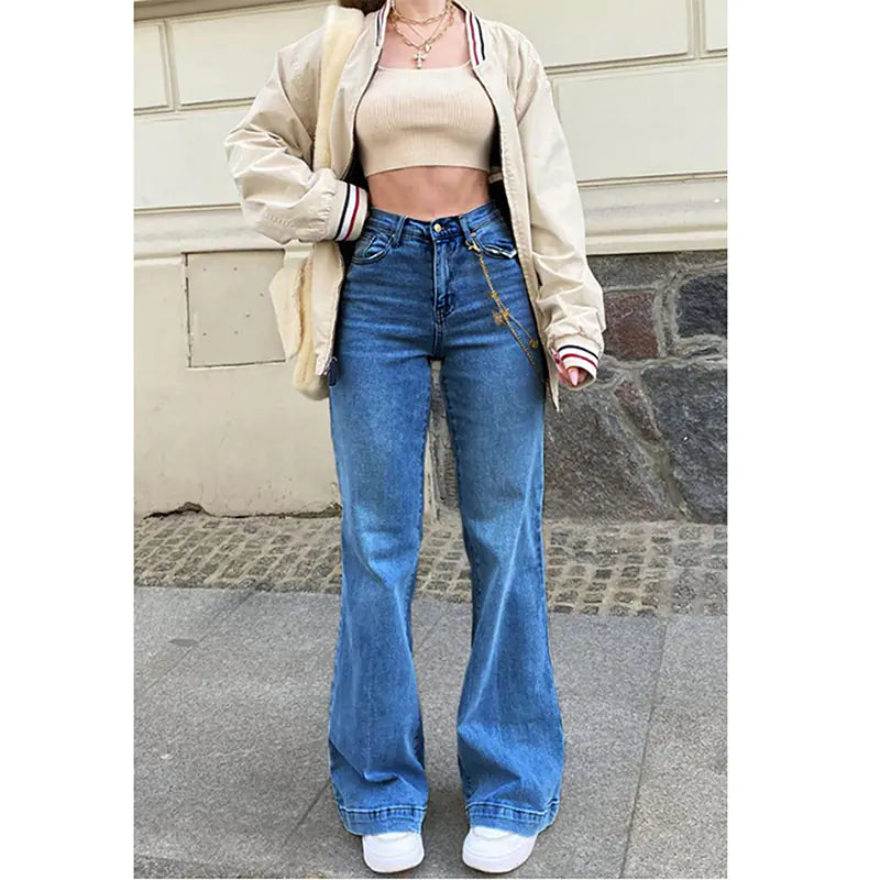 Trendy Slim Fit Wide Leg Ladies Jeans