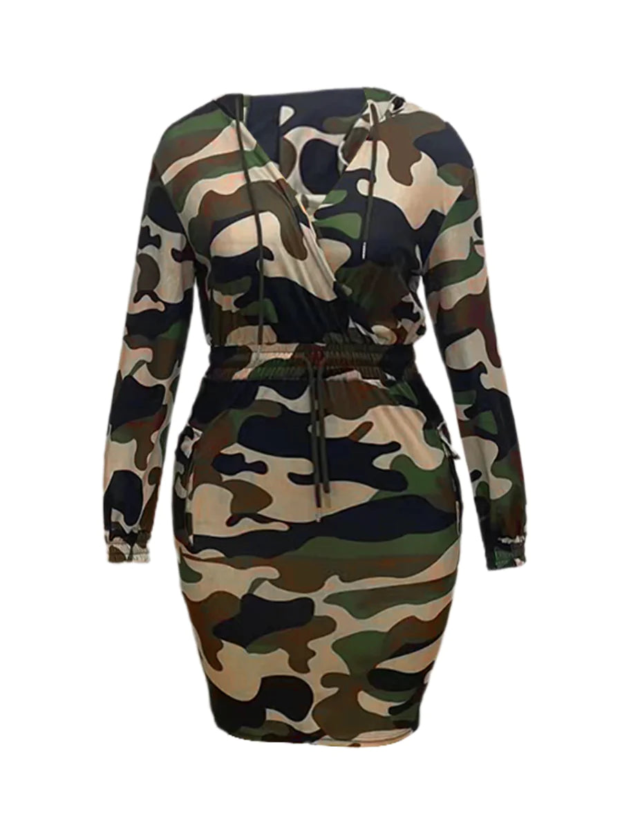 Plus Size Camo Print V Neck Hooded Casual Dress