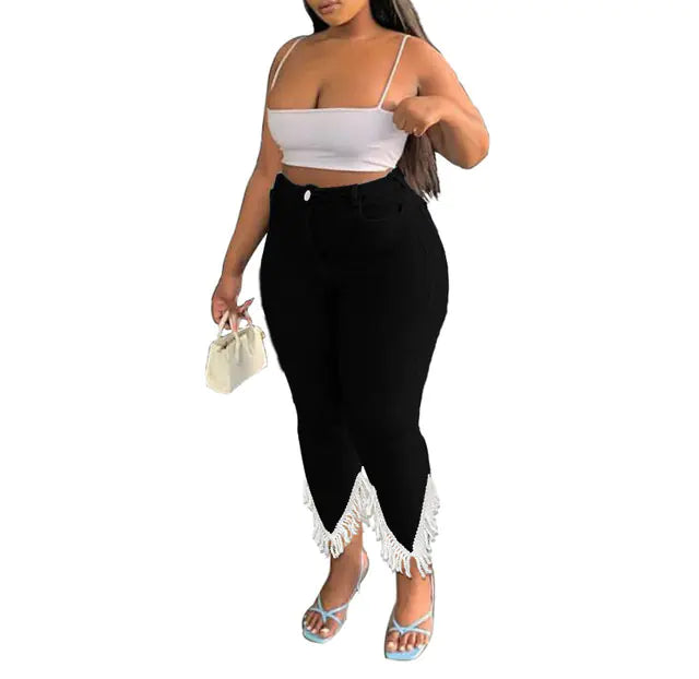 Plus Size High Waist Stretchy Denim Tassel Pants