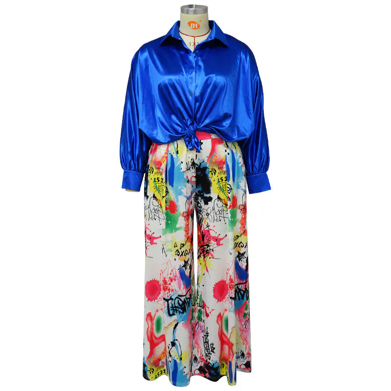 Autumn Women's Printed Long Sleeve Shirt & Trousers Set