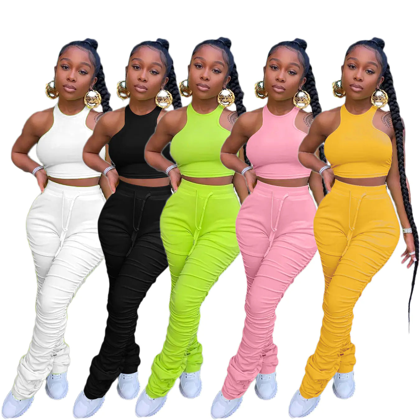 Casual Solid Ruffled Vest and Pants Set for Women