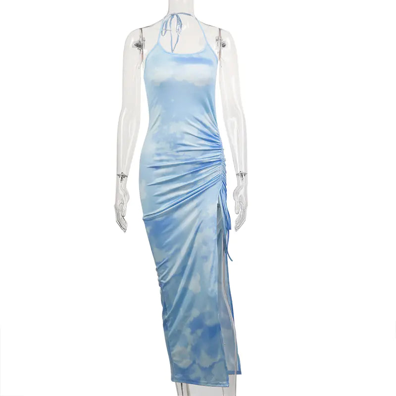 Stylish Printed Halter Dress with Drawstring Detail