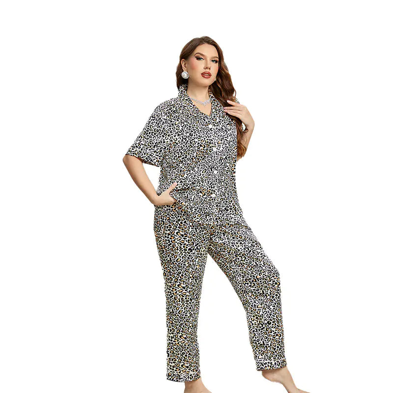 Summer Satin Black Leopard-Print Plus Size Pajamas Set