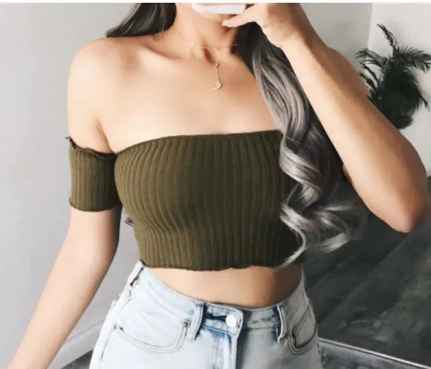 Sexy Solid Color Off-Shoulder Crop Top with Short Sleeves