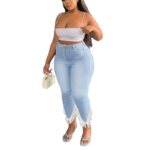 Plus Size High Waist Stretchy Denim Tassel Pants