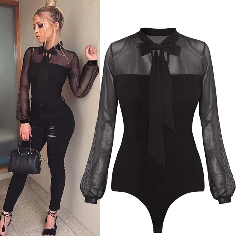 Summer Women's Lace Mesh Bodysuit with Bow Detail