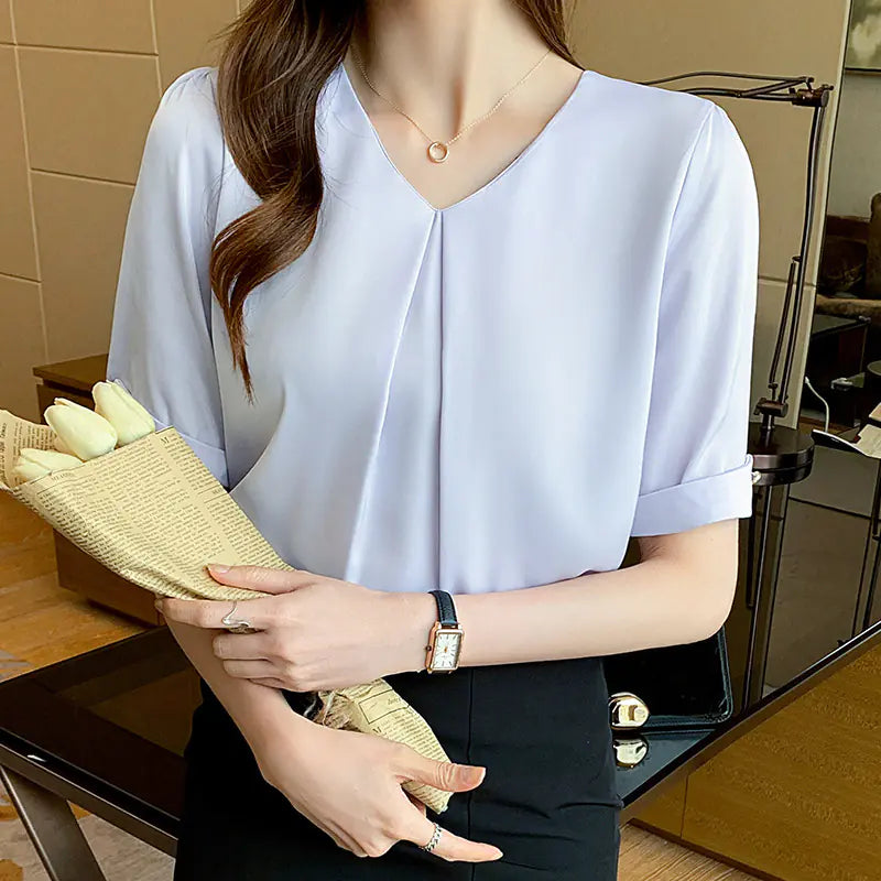 New French Style Women's V-Neck Short Sleeve T-Shirt