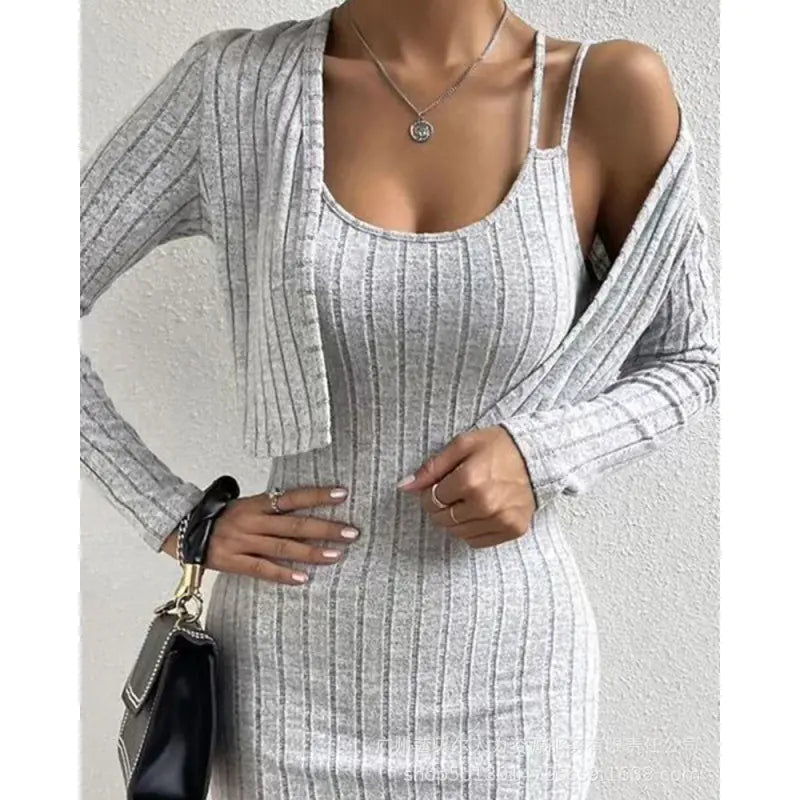 2023 Women's Long Sleeve Cardigan & Bodycon Dress Set