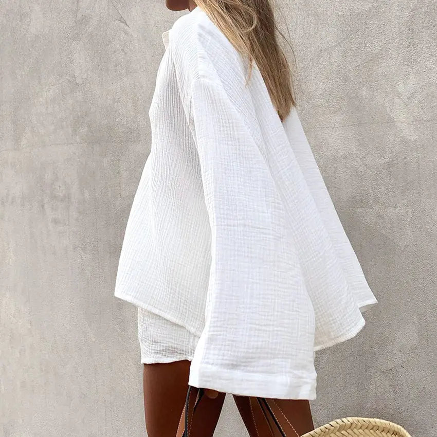 2023 Women's White Cotton Pajama Set with Cardigan