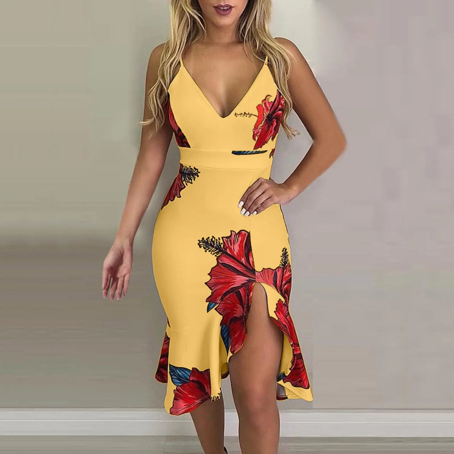 Printed Blue Midi Dress with Slim Fit and Spaghetti Straps