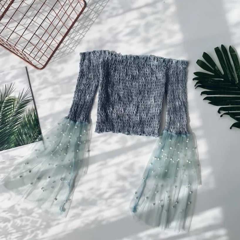 One-Shoulder Mesh Top with Beaded Bell Sleeves