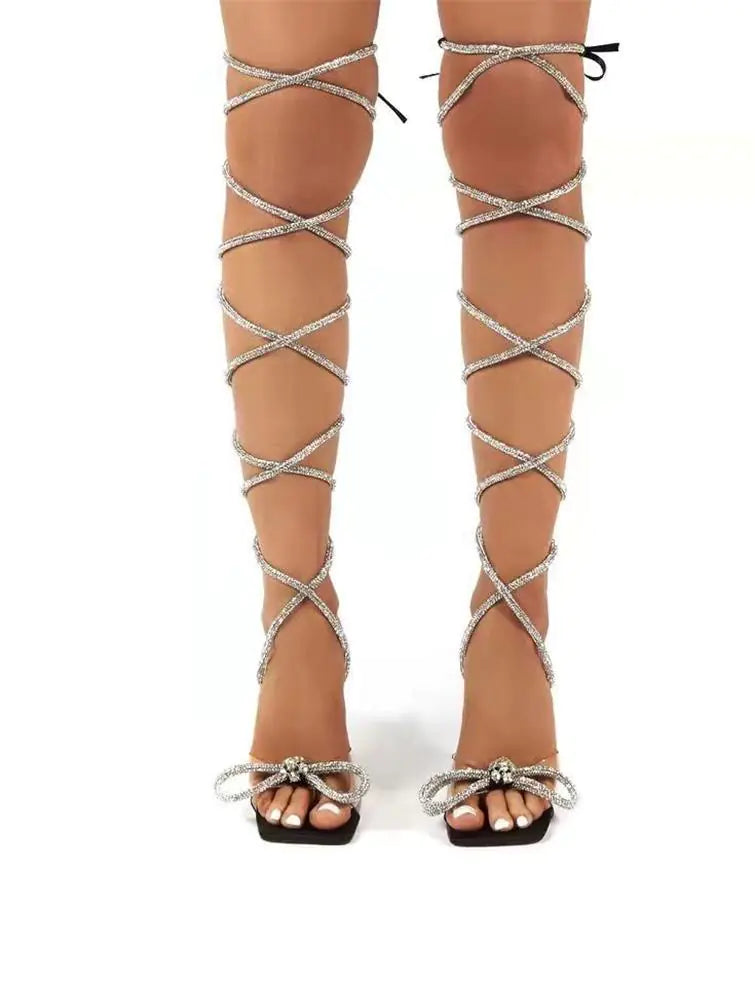 2022 Summer Plus Size Rhinestone Bow High Heels