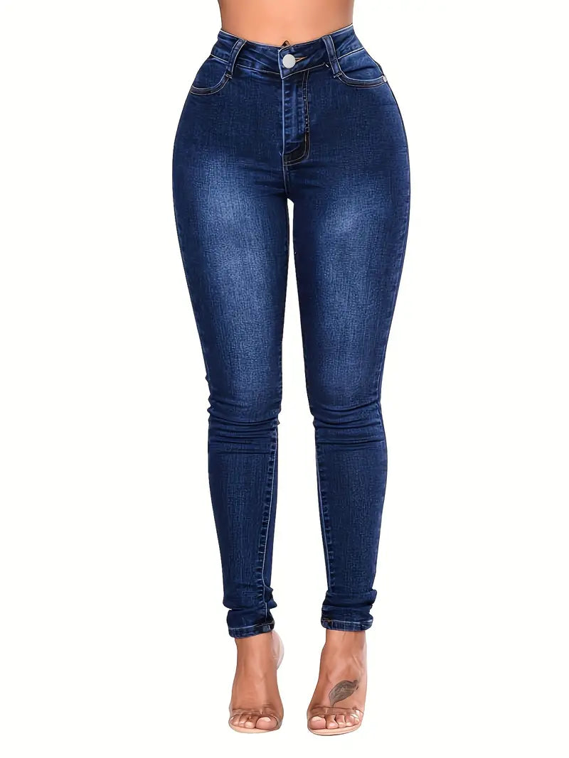 Blue High Waist Skinny Jeans with Casual Slash Pockets