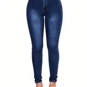 Blue High Waist Skinny Jeans with Casual Slash Pockets