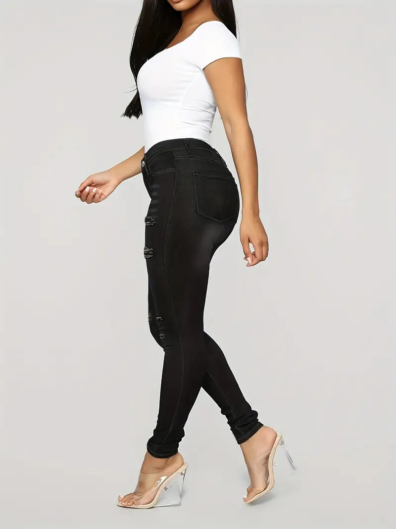 Black Ripped Skinny Jeans with High Waist and Pockets
