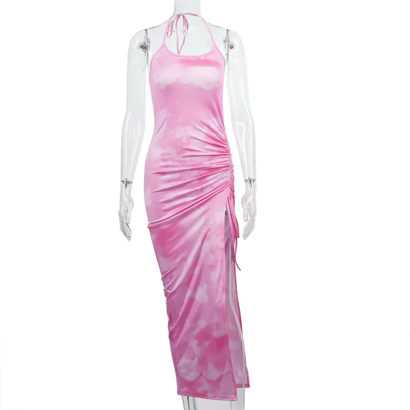 Stylish Printed Halter Dress with Drawstring Detail