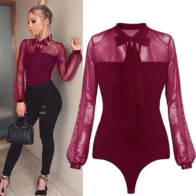 Summer Women's Lace Mesh Bodysuit with Bow Detail