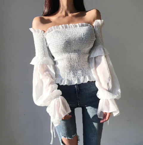One-Shoulder Mesh Top with Beaded Bell Sleeves