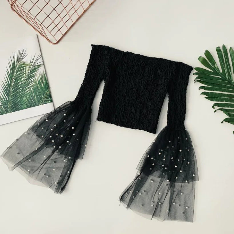 One-Shoulder Mesh Top with Beaded Bell Sleeves