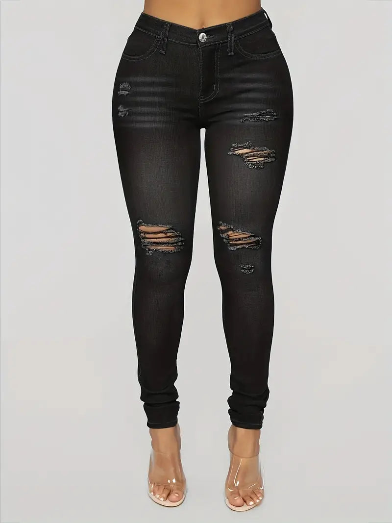 Black Ripped Skinny Jeans with High Waist and Pockets