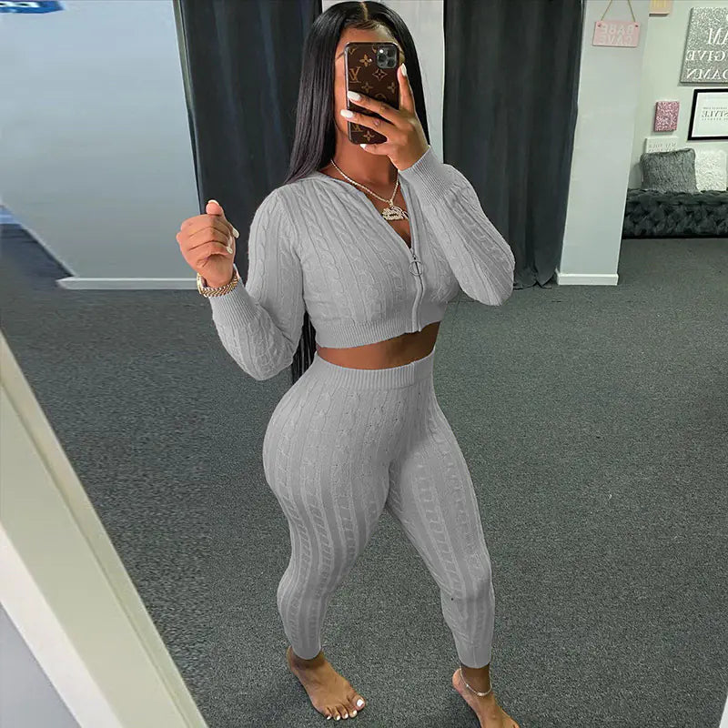 Hooded Long Sleeve Cardigan and Fitted Pants Set