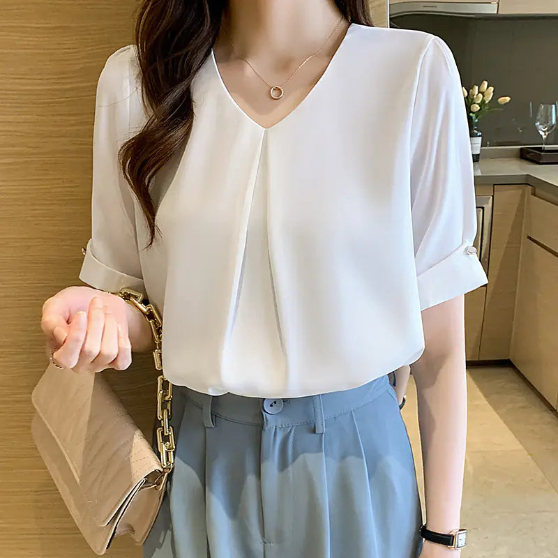 New French Style Women's V-Neck Short Sleeve T-Shirt