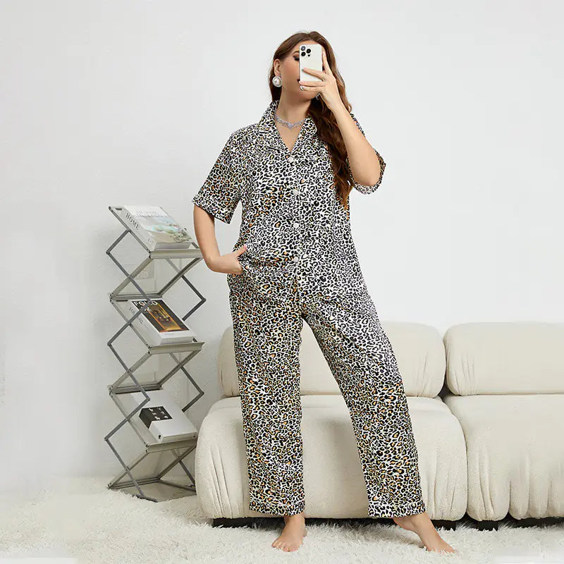 Summer Satin Black Leopard-Print Plus Size Pajamas Set