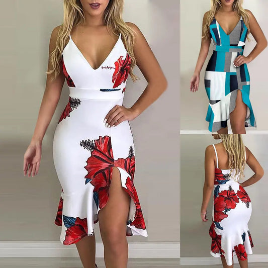 Printed Blue Midi Dress with Slim Fit and Spaghetti Straps