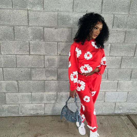 XS0021 2023 Fall Winter Floral Sweatshirt Set
