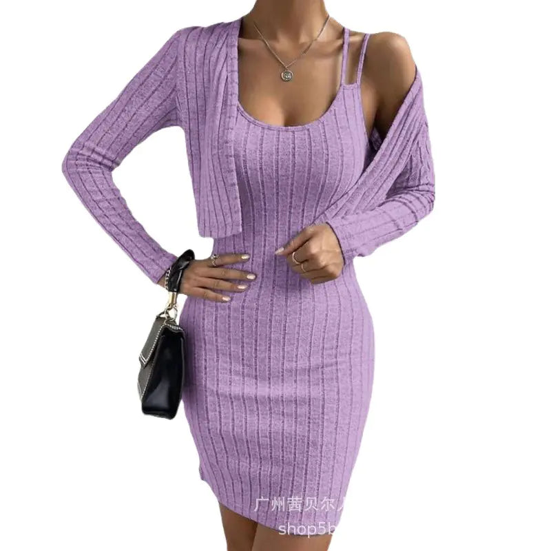 2023 Women's Long Sleeve Cardigan & Bodycon Dress Set