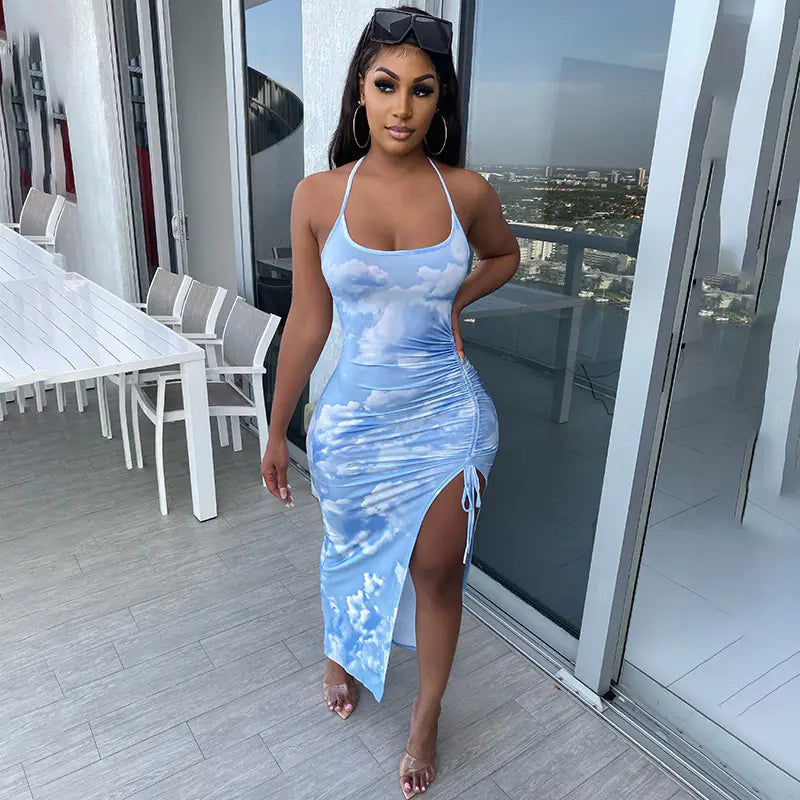 Stylish Printed Halter Dress with Drawstring Detail